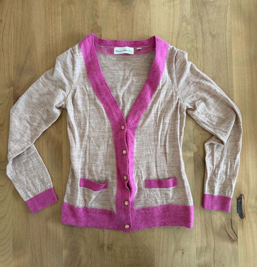Charlie & Robin Anthropologie Tan and Pink Colorblock 100% Wool V-Neck Cardigan